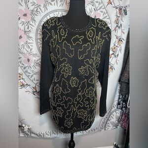 Vintage 90s Beaded Sweater Dress Black Gold Floral Embellished Tunic Medium